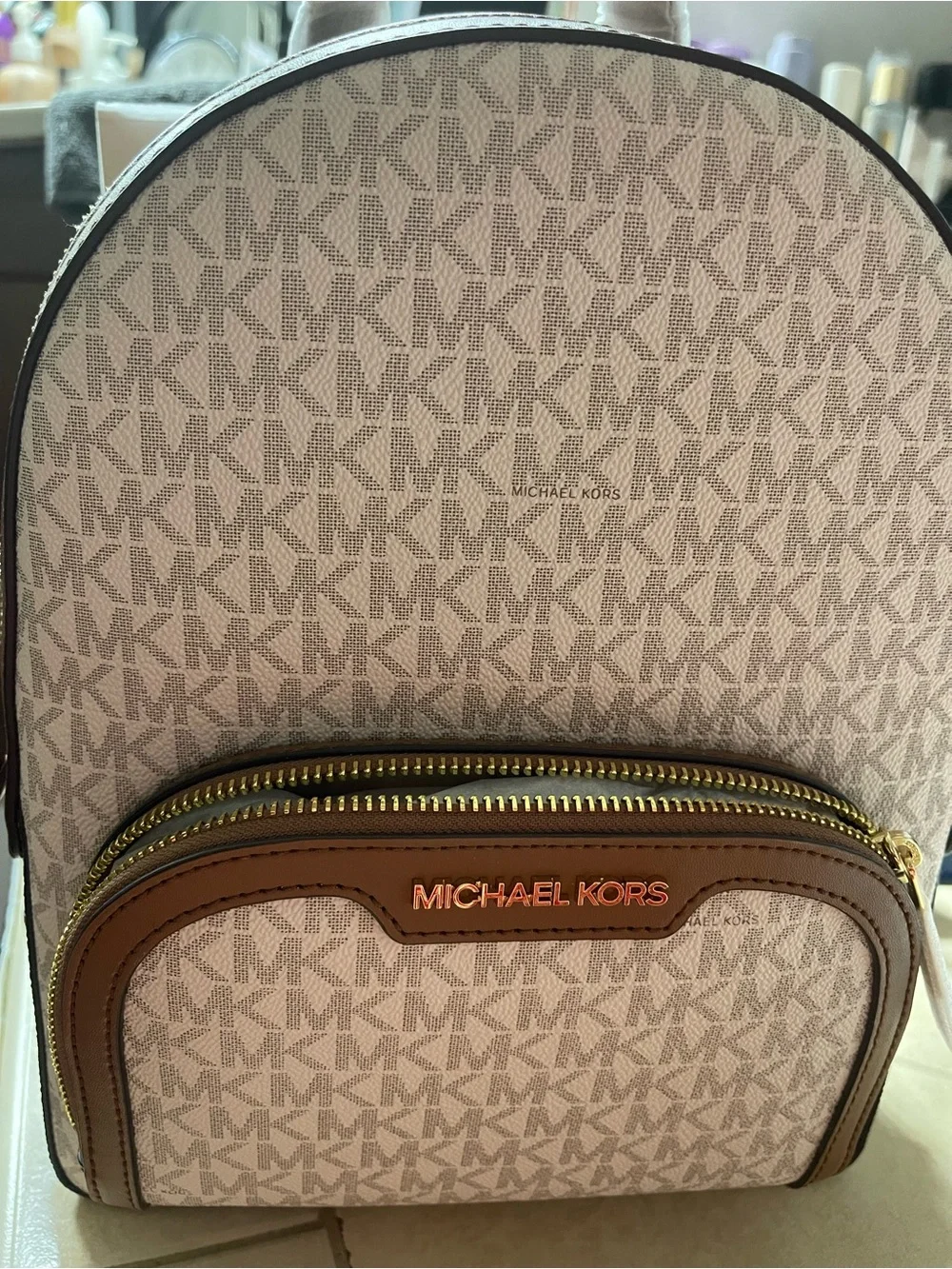 Michael Kors Tan Canvas w/Dark Tan Logo MK Monogram Backpack with Brown Trim